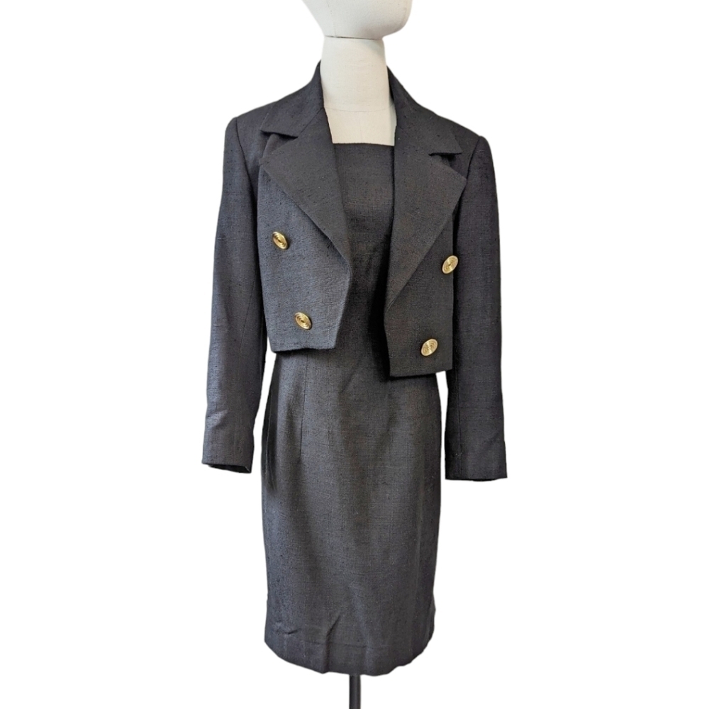 Vintage Carlisle Silk Tweed Cropped‎ Blazer 2 Piece Dress Set